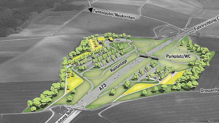 Liegt auf den  "Langen Bergen", wird aber ihren Titel eher nicht tragen: die geplante Raststätte bei Drossenhausen.Grafik: Brugger Landschaftsarchitekten