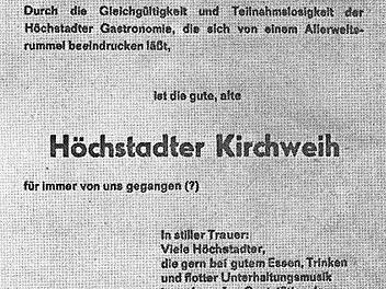 Zur Verlegung der Kerwa in die Aischwiesen erschien 1978 eine fiktive Todesanzeige. Repro: Manfred Welker
