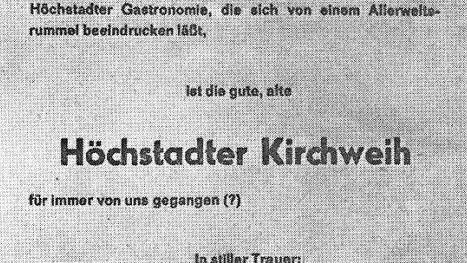Zur Verlegung der Kerwa in die Aischwiesen erschien 1978 eine fiktive Todesanzeige. Repro: Manfred Welker