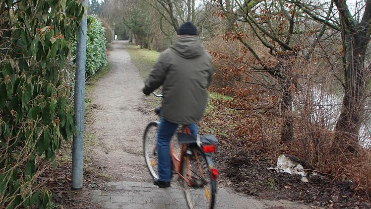 Der Rad- und Fußweg zieht sich parallel zur Krankenhausstraße entlang der Wiesent (rechts) in Richtung Osten. Auf Höhe der Weberstraße (sie verläuft links vom Radweg) landen die Radfahrer und Passanten im Matsch.  Foto: Ekkehard Roepert