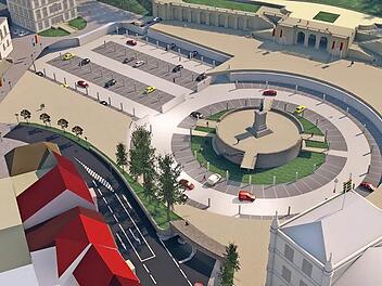 So sieht der neue Vorschlag aus: Alle Parkplätze liegen auf einer Ebene. Der begrünte Ring um das Denkmal bleibt nach oben offen. Abbildungen: Architekturbüro Glodschei