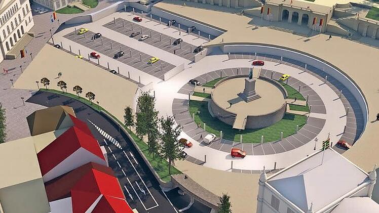 So sieht der neue Vorschlag aus: Alle Parkplätze liegen auf einer Ebene. Der begrünte Ring um das Denkmal bleibt nach oben offen. Abbildungen: Architekturbüro Glodschei