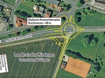 Das Bild zeigt Nüdlingens Ortseinfahrt von Winkels aus kommend mit Einmündung zum Industriegebiet Am Pfaffenpfad. Hier soll ein Kreisel entstehen. Vorlage: Staatliches Bauamt Schweinfurt / Bearbeitung: FT