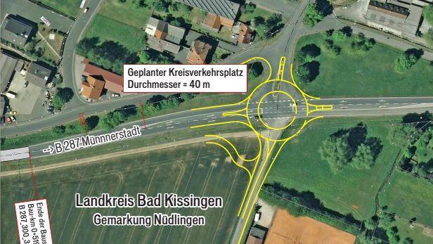 Das Bild zeigt Nüdlingens Ortseinfahrt von Winkels aus kommend mit Einmündung zum Industriegebiet Am Pfaffenpfad. Hier soll ein Kreisel entstehen. Vorlage: Staatliches Bauamt Schweinfurt / Bearbeitung: FT