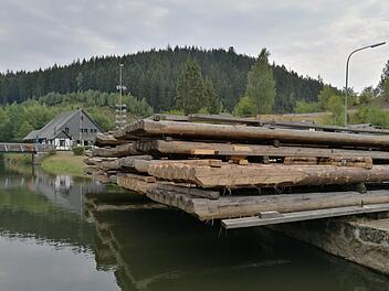 Mehr als die Hälfte der Floßfahrten mussten 2018 abgesagt werden.  Die Flöße blieben dann an der Floßlände im Trockenen. Foto: Stadt Wallenfels