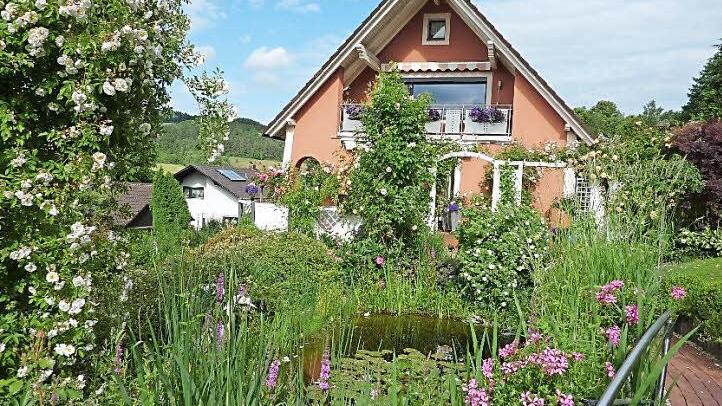 Der 2000 Quadratmeter große Naturgarten der Familie Beinlich (Am Schrötla 11) gleicht mit 250 farbenprächtigen Rosensträuchern einem Gartenparadies. Foto: Gerd Fleischmann