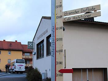Rund 80 000 Euro müssen die Premicher zusammenbekommen, um das Vorhaben vom Dorfladen umzusetzen. Welche Summe bereits eingezahlt wurde, ist an dem Anteilsbarometer ablesbar, das seit dem Wochenende vor dem ehemaligen Raiffeisengebäude steht.  Foto: Kathrin Kupka-Hahn