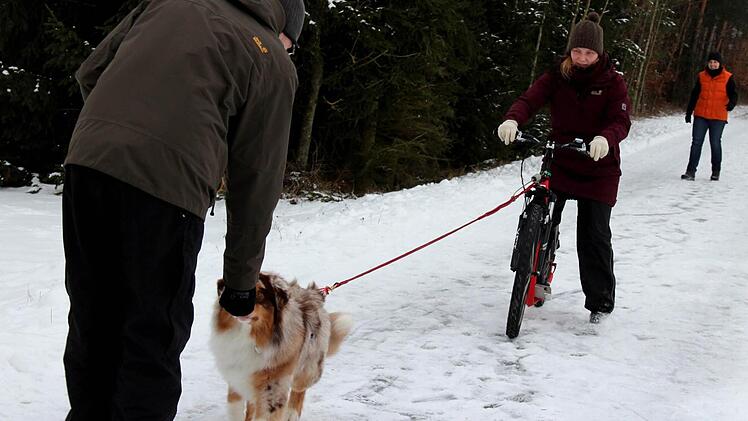 Christopher Flierl belohnt Ben, der Frauchen Julia Findl gut zurückgezogen hat - im Hintergrund Trainerin Xenia Brunk.
