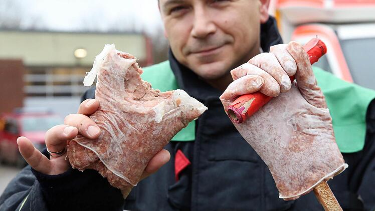 An zwei aus Hackfleisch nachgebildeten Händen zeigt ein Feuerwehrmann die Sprengwirkung eines sogenannten Polen-Böllers. Rechts liegt ein Böller in der Hand, links der Zustand nach einer Explosion.  Foto: Bodo Marks/dpa