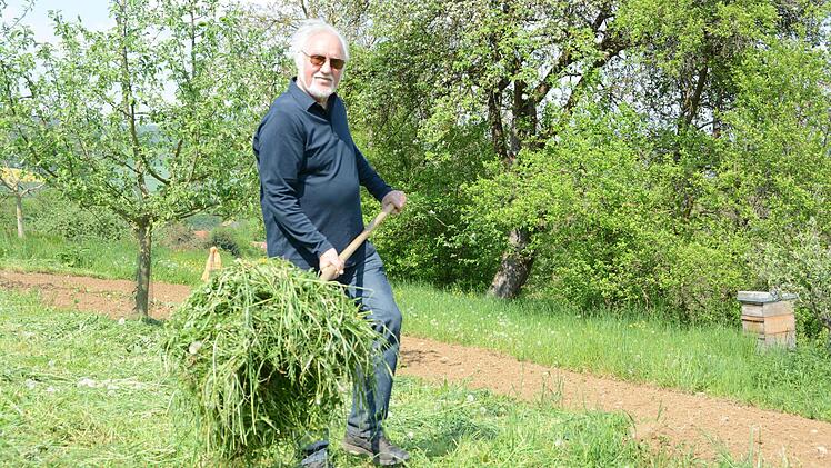 Mulchen mit Rasenschnitt ist gut für den Boden - ideales Futter für Regenwürmer und Mikroorganismen. Jupp Schröder mäht seine Wiesen mit der Sense und verteilt das Schnittgut dort, wo Mulchmaterial gebraucht wird. Foto: Dagmar Besand