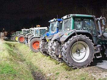 Die Traktoren in Reih und Glied verhinderten ein Durchkommen am Rewe-Zentrallager in Buttenheim.  Fotos: Joseph Beck
