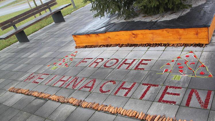 Tannenzapfen und kleine Holzstücken als Material - ein Schriftzug ziert den Weihnachtsbaum am Eingang des Kurbereichs. Foto: Matthias Einwag