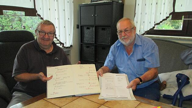 Wallfahrtsf&uuml;hrer Bruno Zink (links) und sein Vorg&auml;nger Vinzenz  T&auml;uber  mussten die Routen-Kladde wieder einpacken. Die Pilgerreise nach Retzbach verlief heuer ganz anders wie gewohnt. Foto: Winfried Ehling