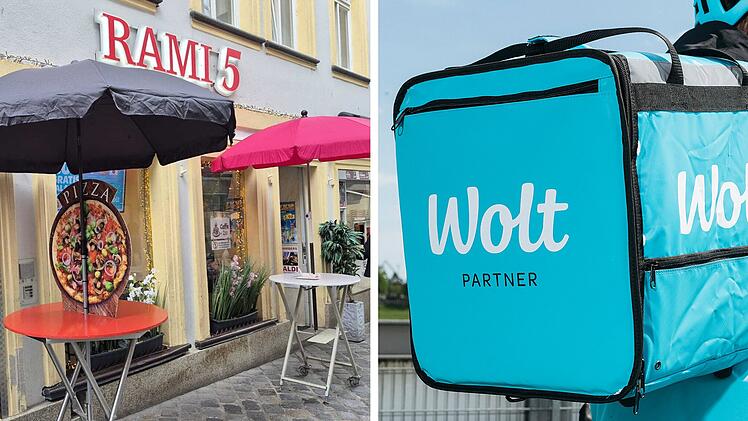 Ein Restaurant namens "Rami 5" mit Sonnenschirmen und einem Pizzaposter. Daneben eine Lieferbox mit "Wolt Partner"-Logo, m&ouml;glicherweise im Zusammenhang mit einer Gratis-D&ouml;ner-Aktion.