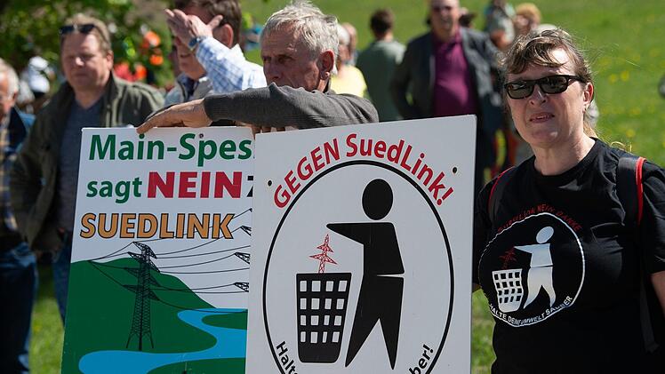 Am Ostermontag demonstrierten in Thüringen tausende Menschen am Fuße der Brandenburg nahe Eisenach gegen Südlink. Dabei waren auch zahlreiche Unterfranken, etwa aus dem Raum Main-Spessart (im Foto), aus Wasserlosen und Bergrheinfeld. Im Landkreis Bad Kissingen ist es dagegen aktuell ruhig.  Foto: Swen Pförtner/dpa