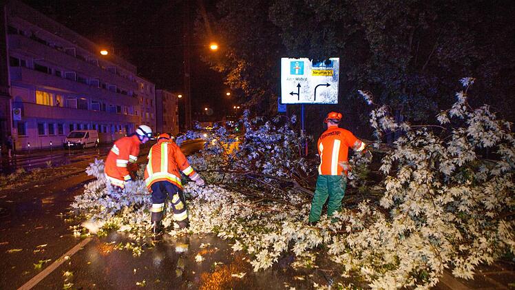 Einstzkräfte der Feuerwehr räumen einen umgestürzten Baum von der Straße am Rathenauplatz in Nürnberg. Foto: News5 / Grundmann