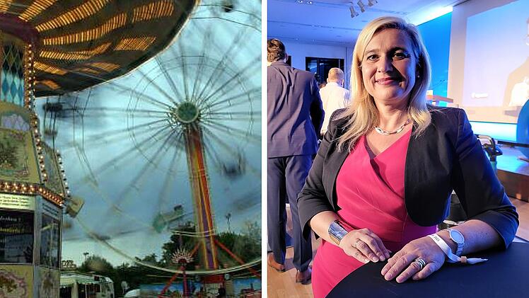 Das Bild zeigt links ein Karussell auf einem Jahrmarkt und rechts eine Frau in einem rosa Kleid und schwarzem Blazer, die lächelnd in einem Saal steht.