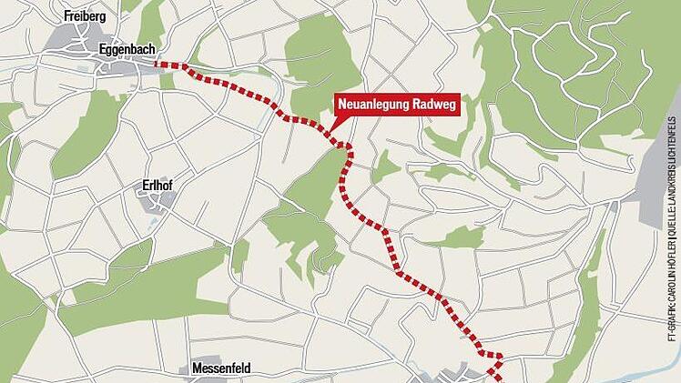 Die Karte zeigt den Streckenverlauf des Radweges von Döringstadt bis Freiberg (Gemeinde Ebensfeld); nur ein Stück von etwa 150 Metern muss neu angelegt werden. Von Freiberg geht es weiter nach Lahm im Itzgrund.