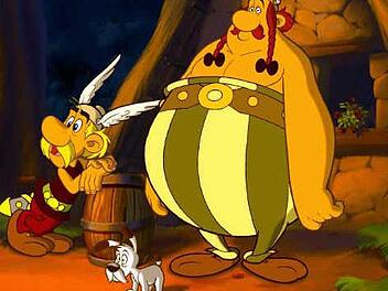 Asterix und Obelix - vorne Jagdhund Idefix - bereiten sich darauf vor, das zu tun, was sie am liebsten machen: Wildschweine jagen. Denn mit leerem Magen  Foto: dpa