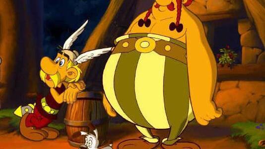 Asterix und Obelix - vorne Jagdhund Idefix - bereiten sich darauf vor, das zu tun, was sie am liebsten machen: Wildschweine jagen. Denn mit leerem Magen  Foto: dpa