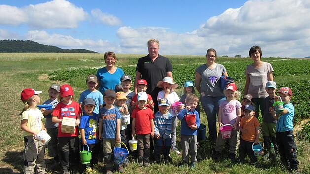 Besuch auf dem Erdbeerfeld: Die Waldkindergartengruppe besuchte Obsthof M&uuml;ller in Altengronau. Angelika Zehner