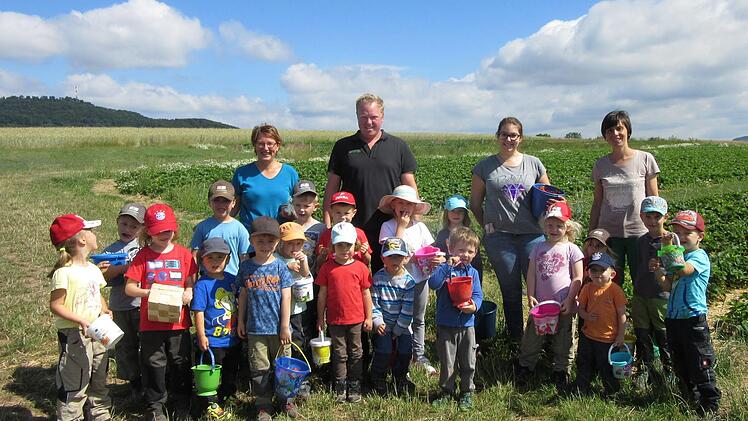 Besuch auf dem Erdbeerfeld: Die Waldkindergartengruppe besuchte Obsthof M&uuml;ller in Altengronau. Angelika Zehner