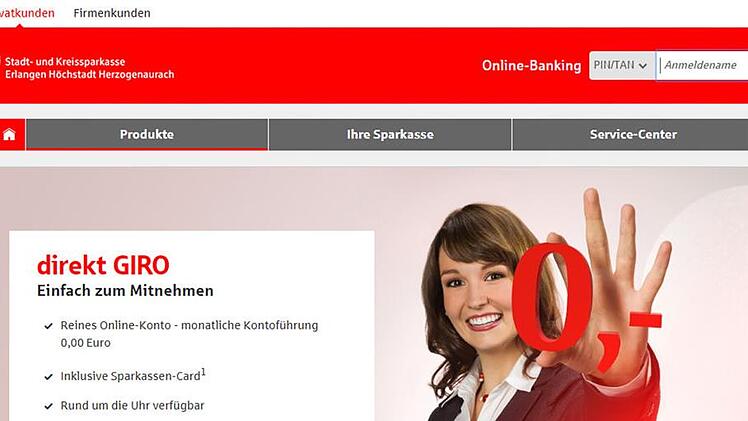 Noch wirbt die Sparkasse auf ihrer Homepage mit ihrem Online-Konto zum Nulltarif. Ab 1. Januar kostet es 3,95 Euro. Screenshot: FT