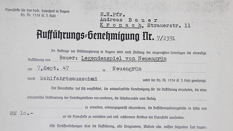 ... und die Aufführungsgenehmigung für das erste Legendenspiel  Repro: Friedwald Schedel