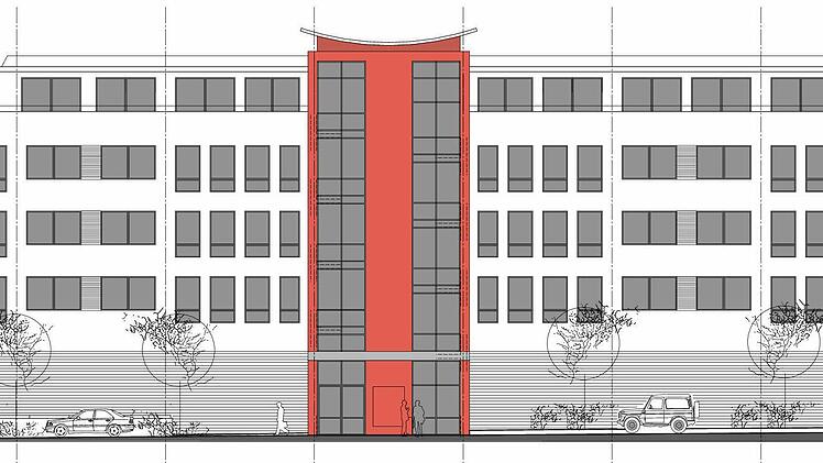 Ein markantes Treppenhaus akzentuiert das  neue  Gebäude  an der Starkenfeldstraße.    Architekturzeichnung: Keidel Architekten Partnerschaft