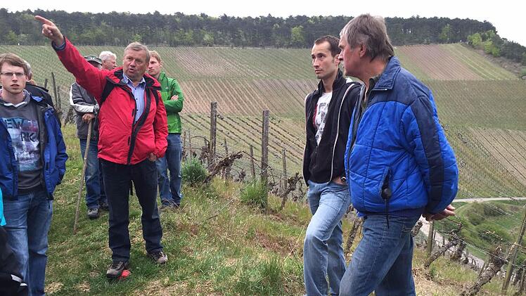 Feldgeschworenenobmann Reinhard Unsleber erläutert den Teilnehmern den Grenzverlauf mit Sulzthal in den Neuanlagen der Ramsthaler Weinberge.  Fotos: Andreas Lomb