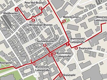 Ein Teil des Brauchwassernetzes in der Bad Kissinger Innenstadt. Grifik: Franziska Schäfer