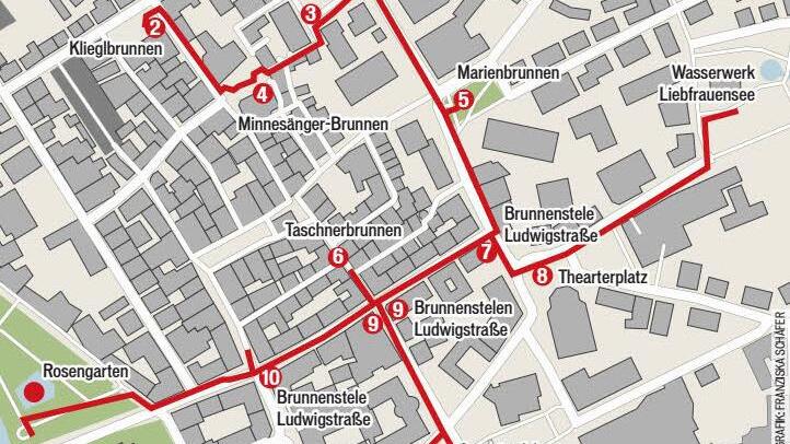 Ein Teil des Brauchwassernetzes in der Bad Kissinger Innenstadt. Grifik: Franziska Schäfer