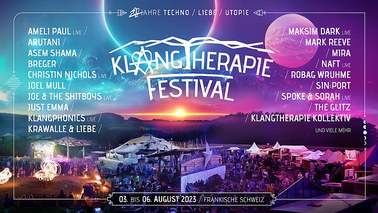 Bei Plankenfels, inmitten der Fränkischen Schweiz, findet vom 3. bis zum 6. August 2023 das Klangtherapie-Festival statt. Passend zum 20-jährigen Jubiläum kannst du dich über viele Live-Acts freuen.