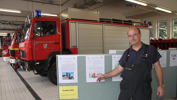 Kreisbrandmeister Jürgen Hochgesang zeigt die Feuerwehr-Statistiken, die zum Tag der offenen Tür aufgehängt wurden. Foto: Andreas Schmitt