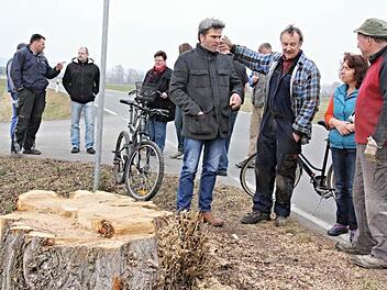 Von einer einst stolzen Pyramidenpappel ist nur noch der Baumstumpf zu sehen. Dort diskutierten am Samstag (von rechts) Gemeinderat Gerhard Roth, Karl-Ludwig Grell und Edwin Lutter (dritter und vierter von rechts). Mehrere Bürger brachten ihren Unmut über die Fällung zum Ausdruck. Foto: Helmut WillVon einer einst stolzen Pyramidenpappel ist nur noch der Baumstumpf zu sehen. Dort diskutierten am Samstag (von rechts) Gemeinderat Gerhard Roth, Karl-Ludwig Grell und Edwin Lutter (dritter und vier...