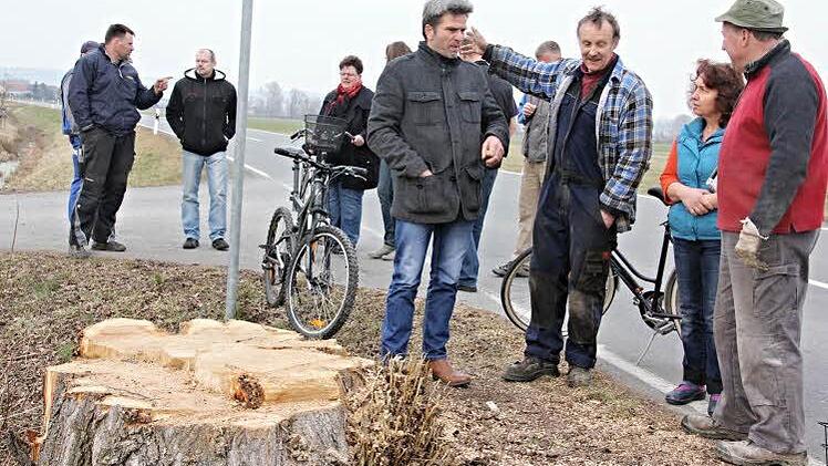 Von einer einst stolzen Pyramidenpappel ist nur noch der Baumstumpf zu sehen. Dort diskutierten am Samstag (von rechts) Gemeinderat Gerhard Roth, Karl-Ludwig Grell und Edwin Lutter (dritter und vierter von rechts). Mehrere Bürger brachten ihren Unmut über die Fällung zum Ausdruck. Foto: Helmut WillVon einer einst stolzen Pyramidenpappel ist nur noch der Baumstumpf zu sehen. Dort diskutierten am Samstag (von rechts) Gemeinderat Gerhard Roth, Karl-Ludwig Grell und Edwin Lutter (dritter und vier...