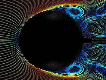 Strömungsverläufe an einer Kugel - Aufnahme aus dem Windkanal der Hochschule Coburg. Foto: Hochschule