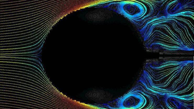 Strömungsverläufe an einer Kugel - Aufnahme aus dem Windkanal der Hochschule Coburg. Foto: Hochschule