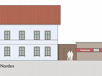 Ansicht des Jugendclubs "Faulenzer" von Norden Skizze: Lackner-Roth Architekten