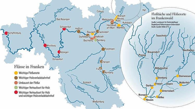 Die fränkischen Flüsse dienten den Flößern in einem ausgeklügelten System als Transportweg vom Frankenwald bis an den Rhein.  Foto: Grafik Carolin Höfler