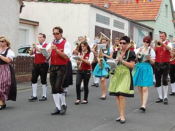 Am Festzug durch Frankenbrunn beteiligten sich 14 Musikkapellen, die für Stimmung und den richtigen Tritt sorgten. Stolze drei Kilometer lang war der Zug durch die Straßen des Ortes. Foto: Günther Straub