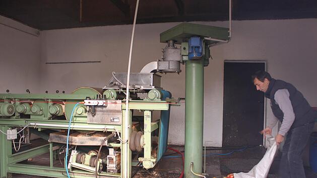 Rainer M&auml;rkl bef&uuml;llt die Bandpresse mit frischen &Auml;pfeln. Jutta Rudel