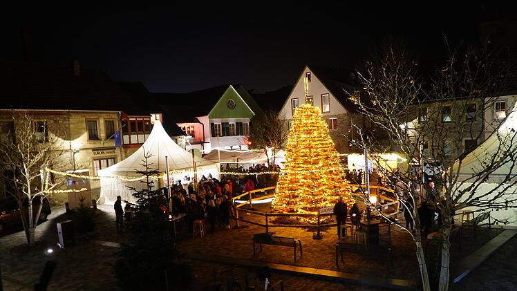 Die Lebenshilfewerkstatt Hammelburg stellt jedes Jahr ein beleuchtetes Gestell in Form eines Christbaums auf dem Viehmarkt auf.