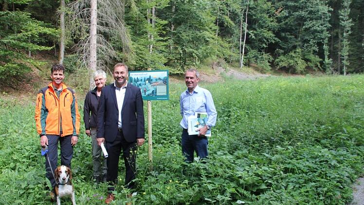 Sie wollen zusätzliche Lebensräume für Insekten schaffen (von links): Revierleiter Christoph Mörtlbauer, Britta Köhler-Maier, MdL Jürgen Baumgärtner und der Betriebsleiter des Staatsforst Nordhalben, Fritz Maier. Veronika Schadeck