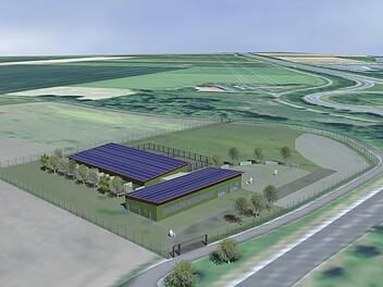 Dieser Entwurf des Hochbauamts des Landkreises Ha&szlig;berge zeigt das geplante Tierheim bei Zell nahe der Autobahn. Durch einen Stahlhallenbau, wie er in der Industrie &uuml;blich ist, will der Landkreis die Kosten niedrig halten. Der Bauausschuss des Kreistages befasste sich mit dem Vorhaben. Grafik-Entwurf: Landratsamt Ha&szlig;berge