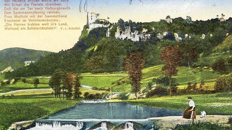 Postkarte von 1918 mit der Ruine Neideck und dem Victor-von-Scheffel-Gedicht aus Exodus cantorum  Repro: Reinhard Löwisch