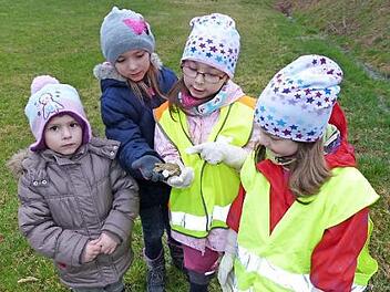Angelina, Kimberly, Lena und Ronja (von links) von der Ludwigschorgaster Kinderfeuerwehr retten eine Kröte. Foto: kpw