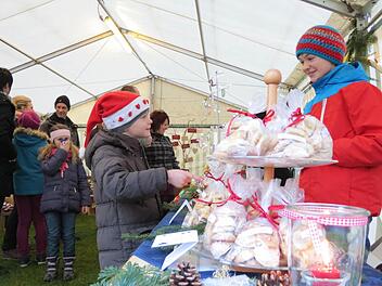 Früh übt sich: Die junge Plätzchenverkäuferin beim Euerdorfer Weihnachtsmarkt mit den selbst gebackenen Köstlichkeiten. Die Kundschaft scheint auf jeden Fall angetan von dem Angebot. Foto: Doris Bauer