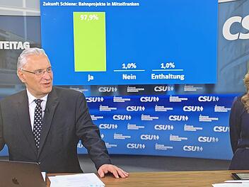 Joachim Herrmann und Isabell Fries, Moderatorin aus der CSU-Landesleitung, verkündeten das Abstimmungsergebnis zum Leitantrag "Zukunft Schiene: Bahnprojekte in Mittelfranken". Foto: privat