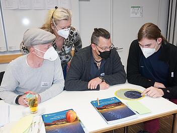 Der Sternenhimmel wird anhand einer Sternenkarte mit dem Vorstandsvorsitzenden des Vereins Sternenpark Rhön, Simon Manger (rechts), kennengelernt. Mit im Bild: (von links) Mario Hartmann (Fulda), Moni Powers (Haunetal) und Marcus Göttlich (Haunetal). Foto: Marion Eckert